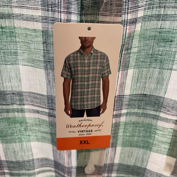 Weatherproof Men's NWT XXL Washable Linen Green‎ Blue Plaid Short Sleeve Shirt - Picture 3 of 5